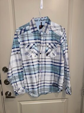 Men's Country Blue & White Plaid Button-Up Shirt